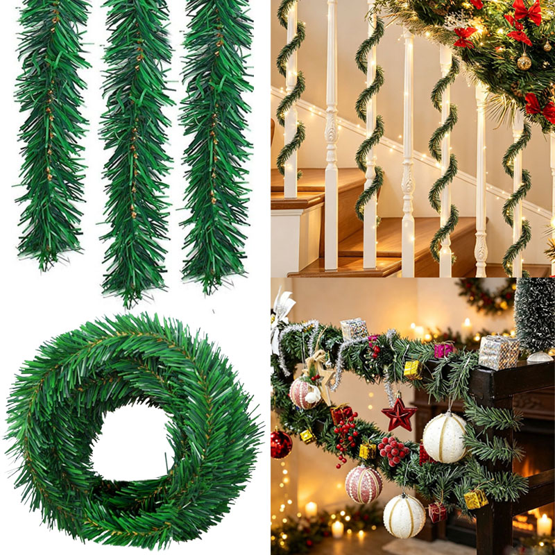 Tinsel Garland Decoration - พวงมาลัยคริสต์มาสต้นสนเขียว ของตกแต่งต้นคริสต์มาสเทียม แบนเนอร์หวาย ของตกแต่งแขวนพลาสติกสำหรับงานปาร์ตี้ ลวดประดับประตู