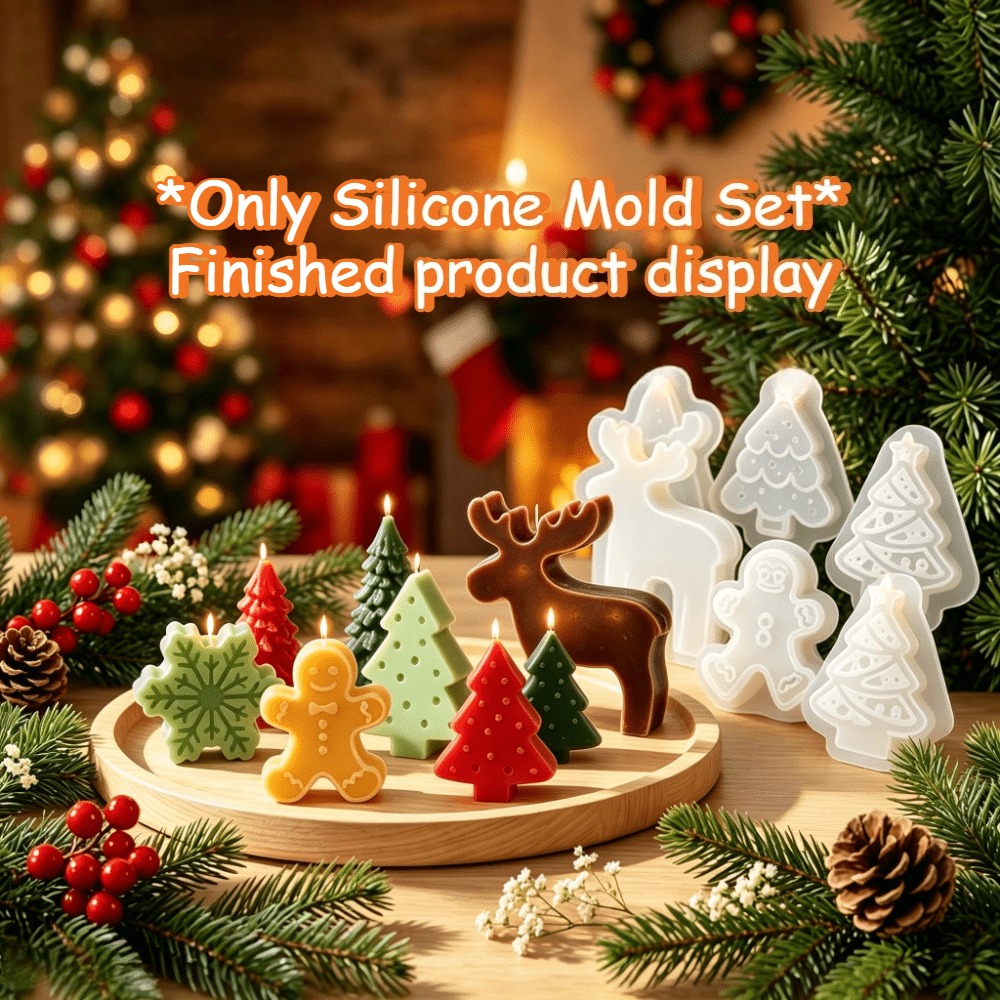 Holiday Candle Set - ชุดแม่พิมพ์เทียนซิลิโคน 6 ชิ้นสำหรับคริสต์มาส, แม่พิมพ์ DIY ที่นำกลับมาใช้ใหม่ได้และยืดหยุ่นสำหรับการถอดเทียนอโรมาเธอราพีได้ง่าย
